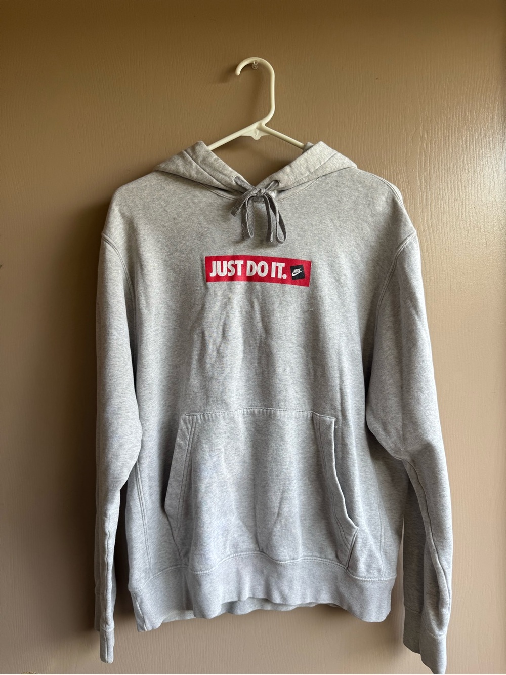 Nike Gray Crewneck Hoodie with Red 'JUST DO IT.' Chest Patch